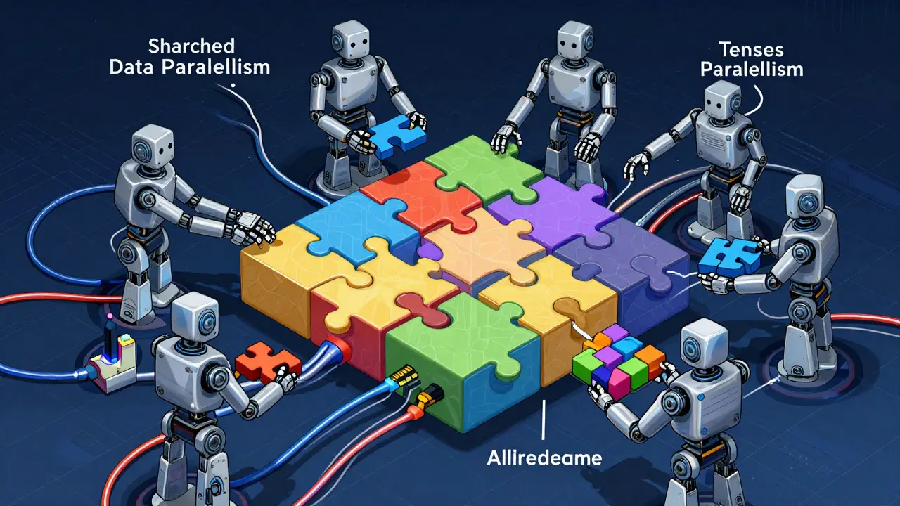Cartoon showing GPUs collaborating via sharded and tensor parallelism strategies.