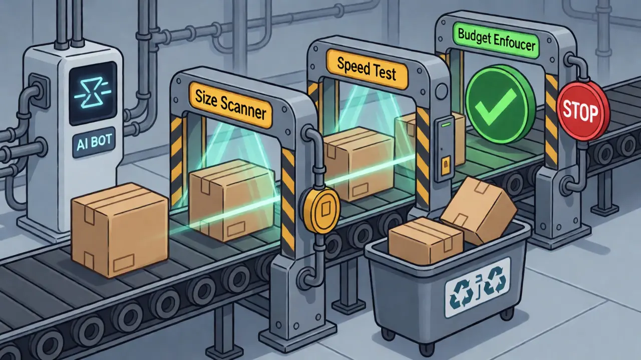 CI/CD pipeline conveyor belt enforcing performance budget gates