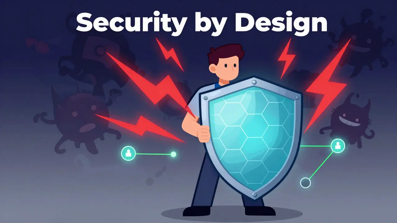 Developer holding a glowing shield against abstract cyber threats