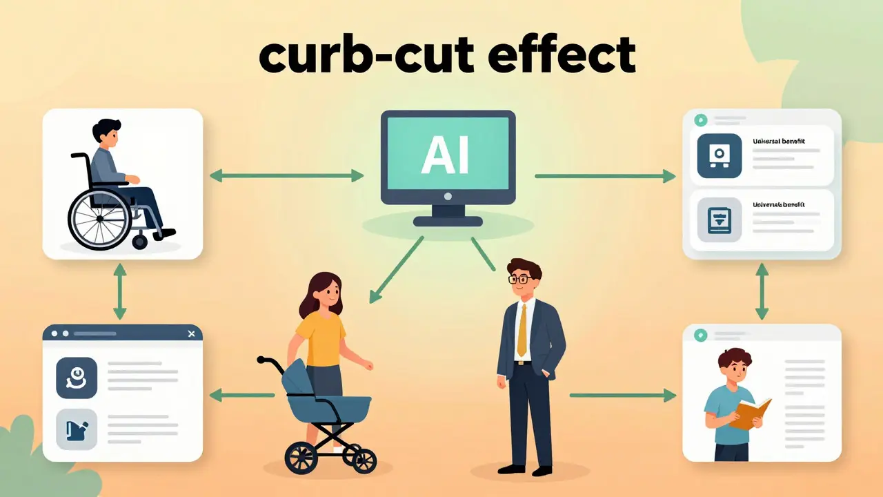 Diagram showing how AI accessibility tools benefit diverse users like parents and executives.