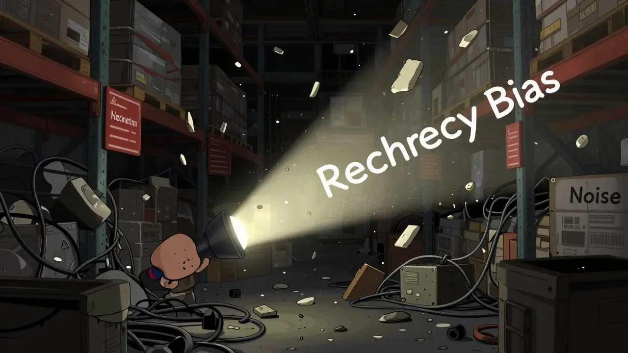 Flashlight struggling through cluttered warehouse of noise and bias