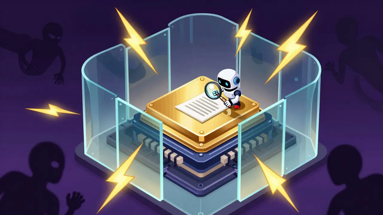 Fortress sandbox deflecting attacks while robot inspects code inside