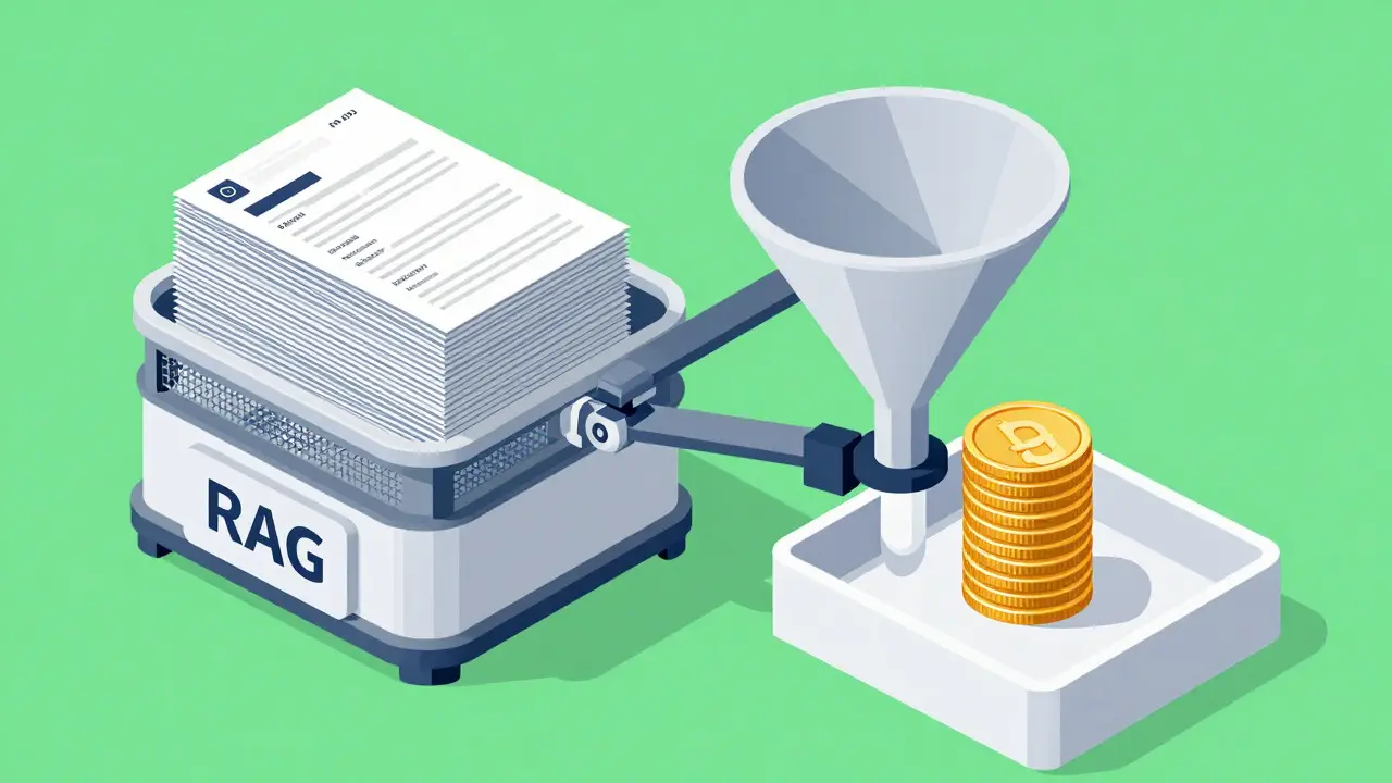 Funnel filtering raw data into precise golden tokens via RAG