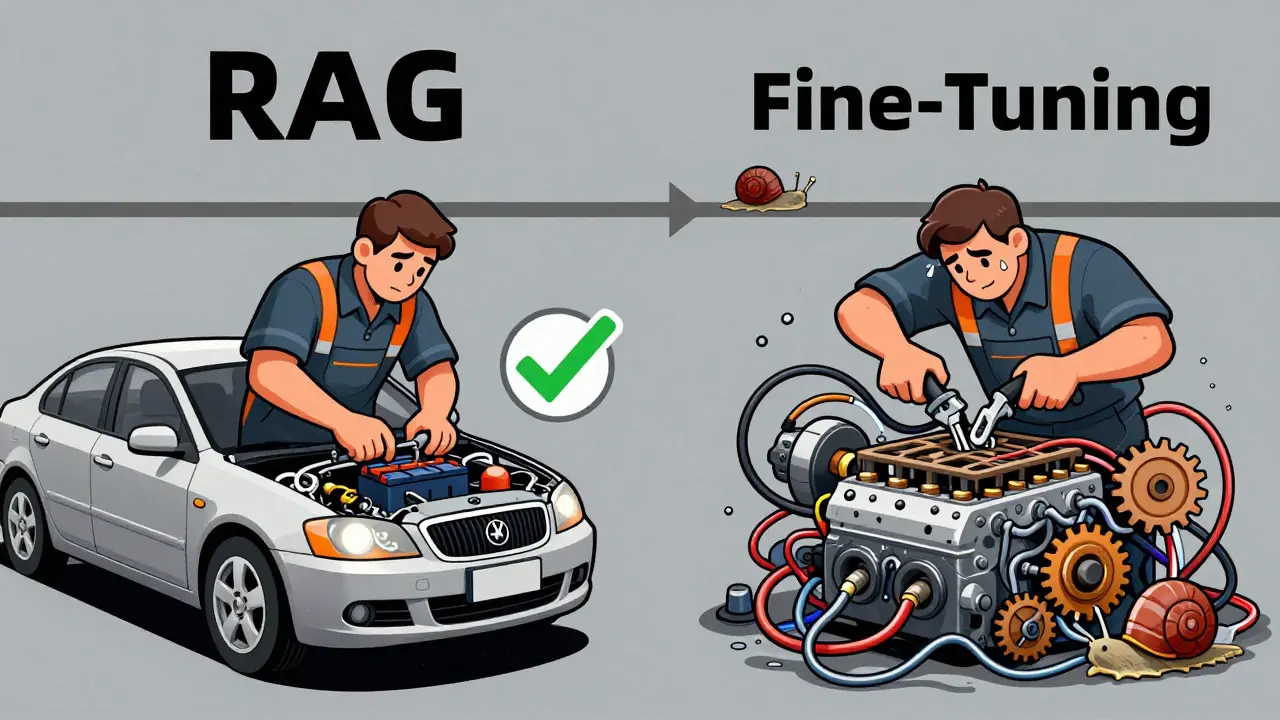 Illustration comparing the ease of RAG updates to the complexity of model fine-tuning in a workshop setting.