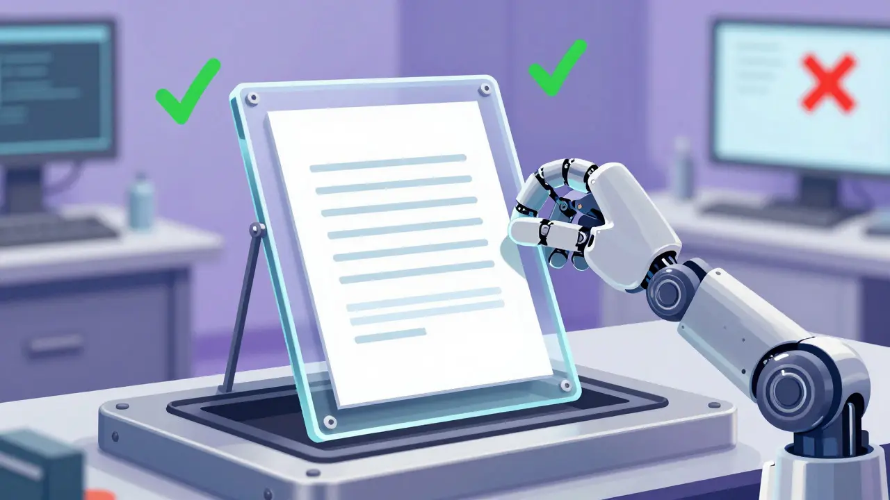 Illustration of a robotic arm fitting a document into a mold, symbolizing compliance and rule adherence.
