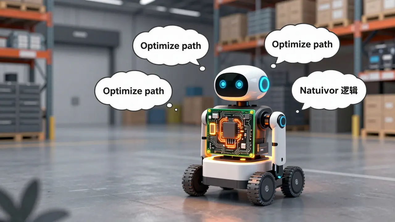 Illustration of a warehouse robot using edge AI hardware for autonomous navigation