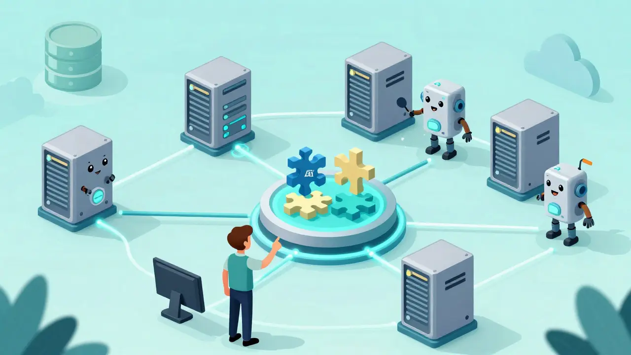 Illustration of connected server nodes representing enterprise microservices architecture