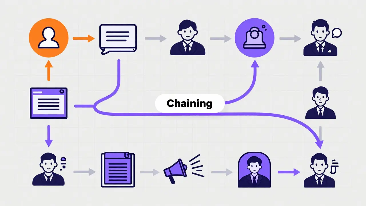 Illustration of intent chaining showing a customer's evolving goals as a colorful winding path.