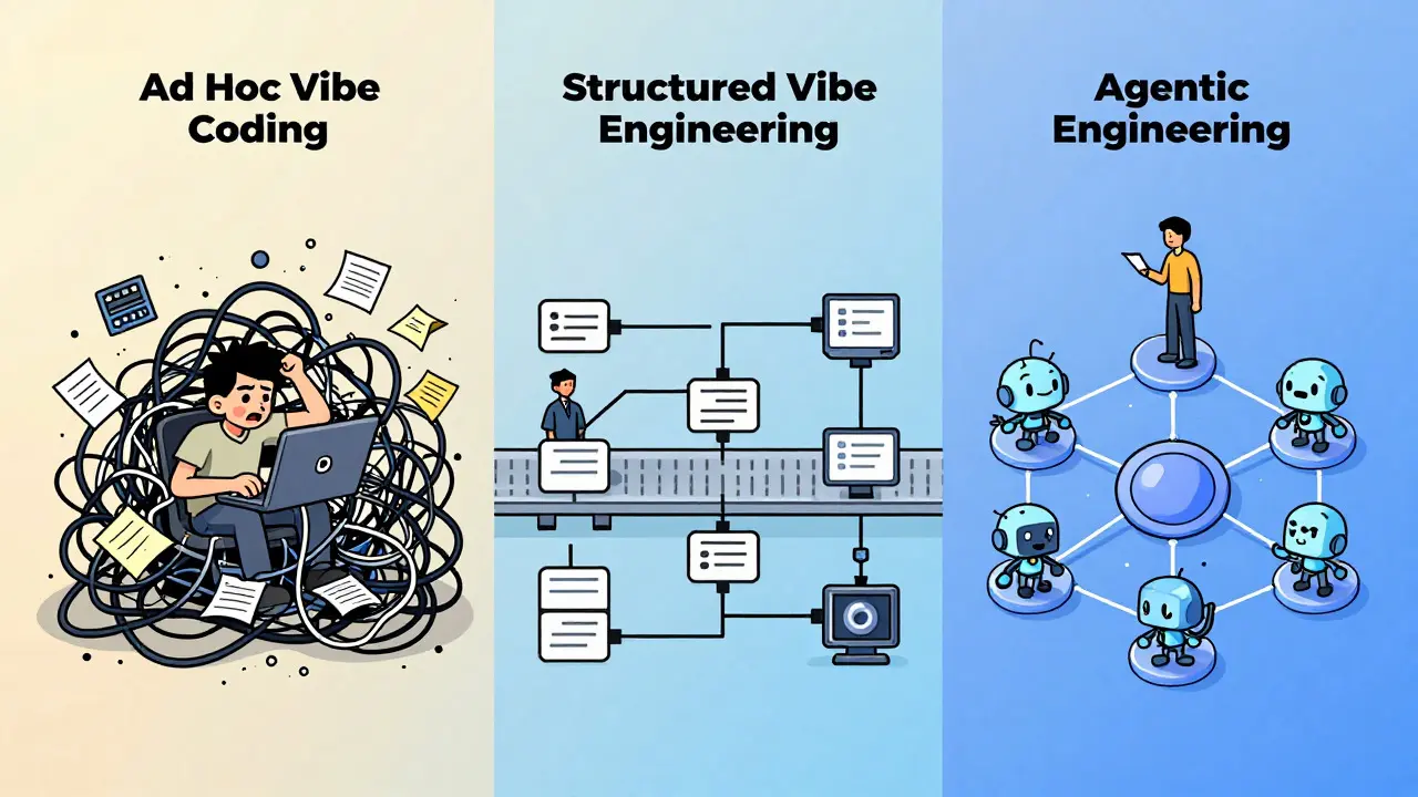 Illustration of the progression from ad hoc prompting to advanced agentic engineering workflows