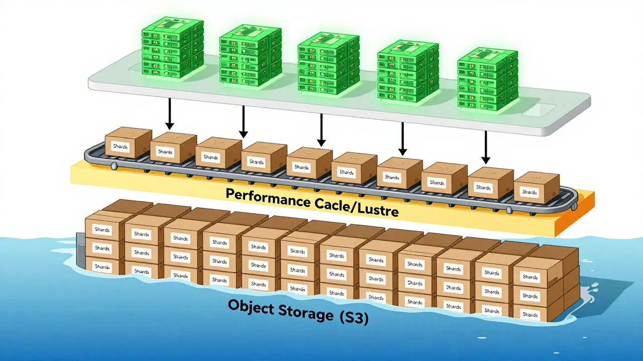 Illustration of tiered storage: object storage, cache conveyor, and active GPUs.