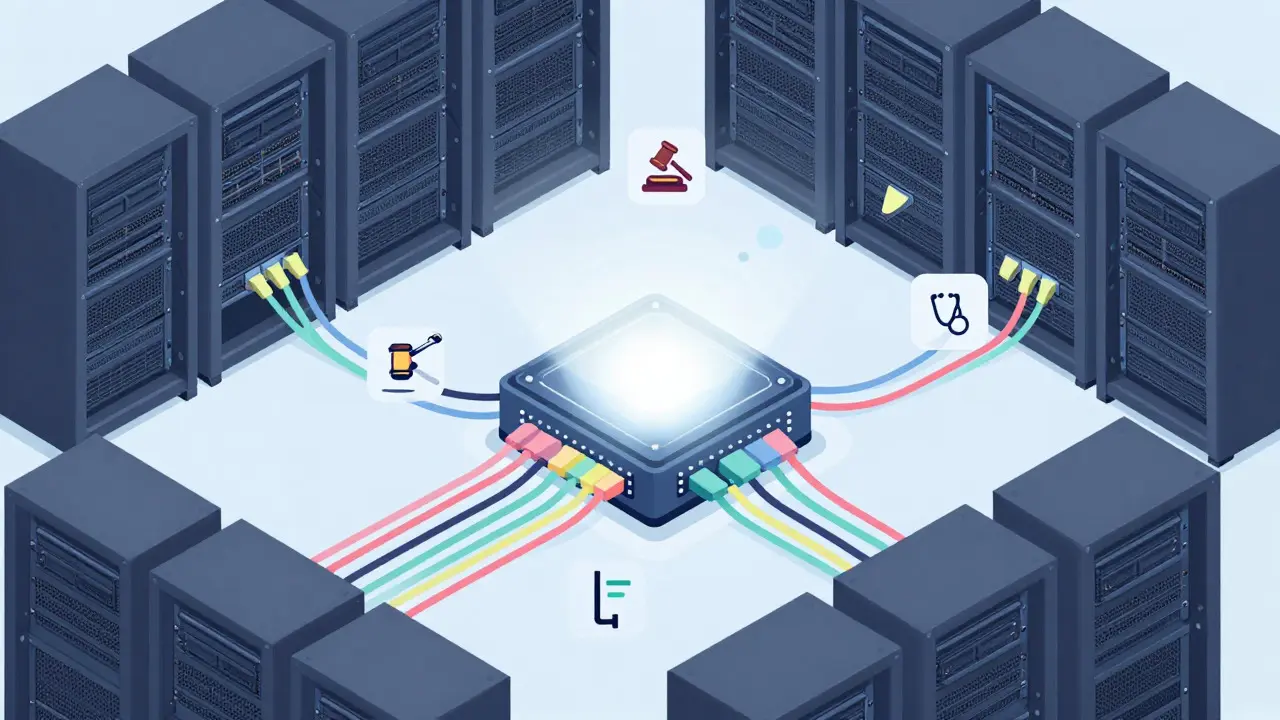Isometric view of a single GPU server connected to multiple task-specific icons via cables