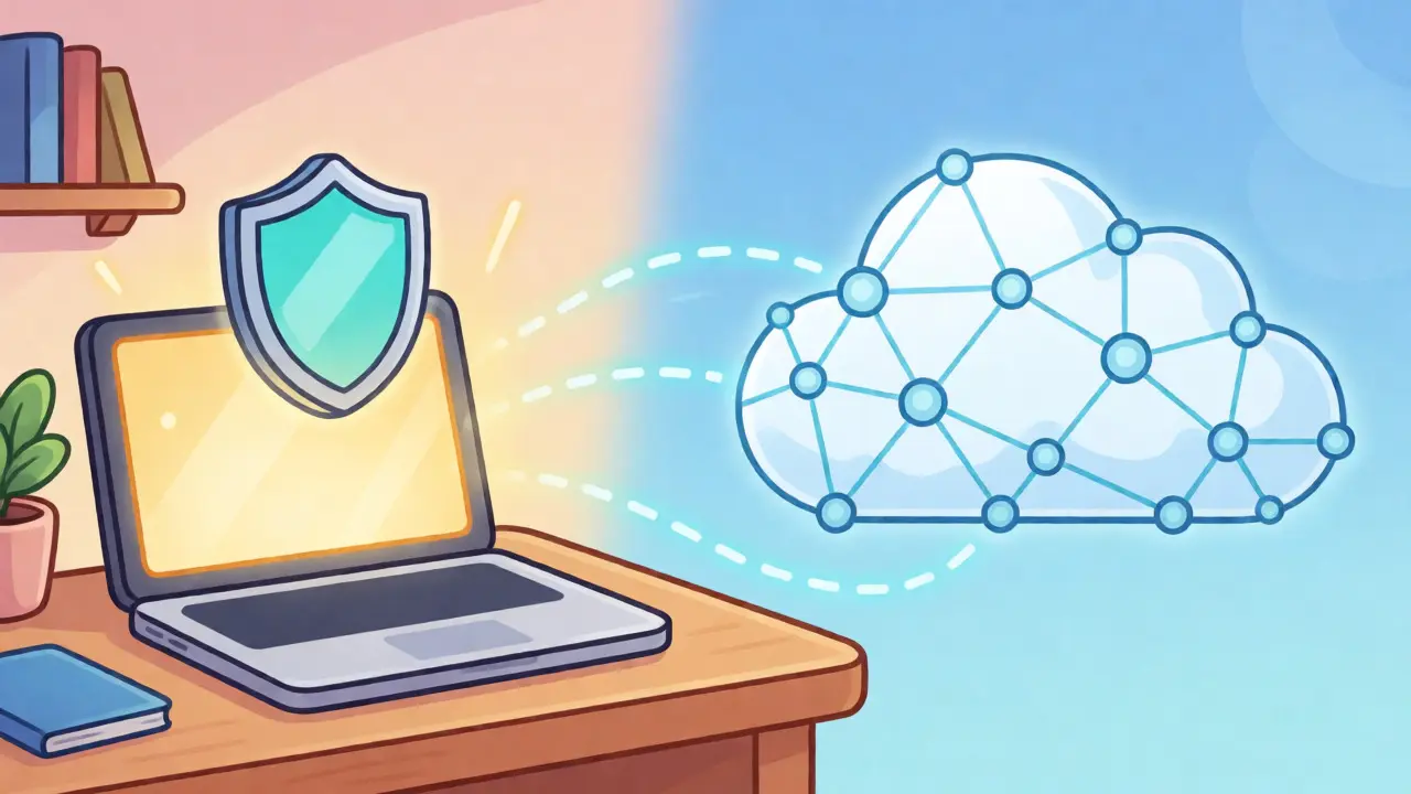 Laptop with local AI processing connected to cloud nodes in a technical illustration.
