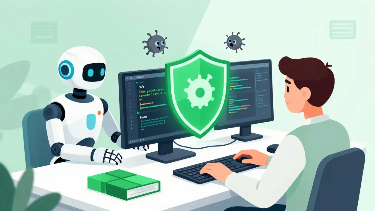 Robot and developer protected by a green shield from bugs in illustration