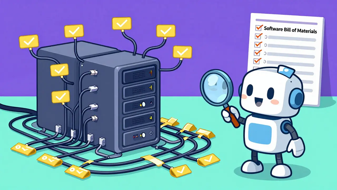 Robot organizing tangled dependency wires into neat, verified bundles