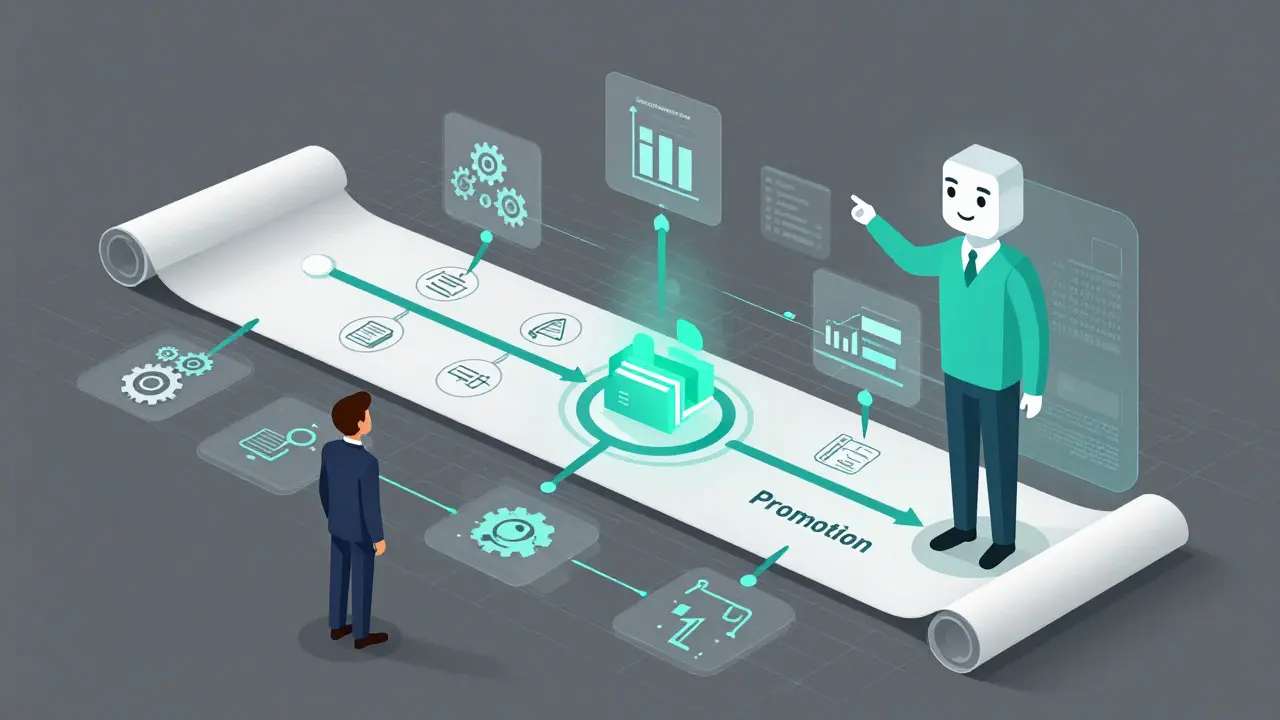 Stylized career path diagram with AI guiding an employee to promotion