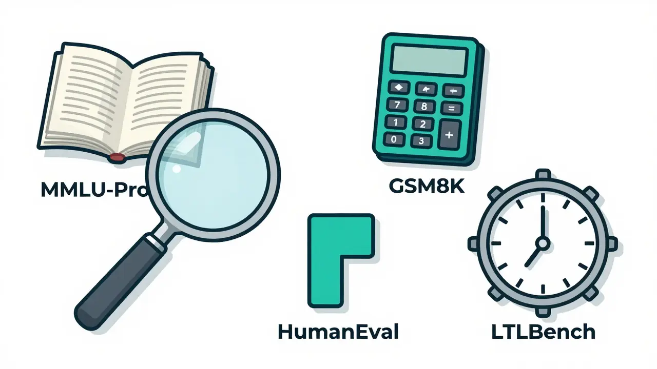 Stylized toolkit of various LLM benchmark icons