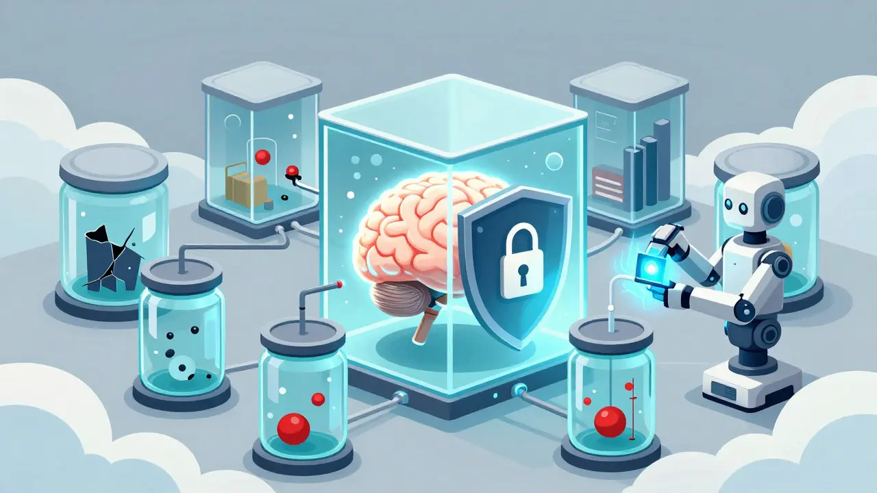 Technical cartoon of isolated AI containers being scanned for vulnerabilities