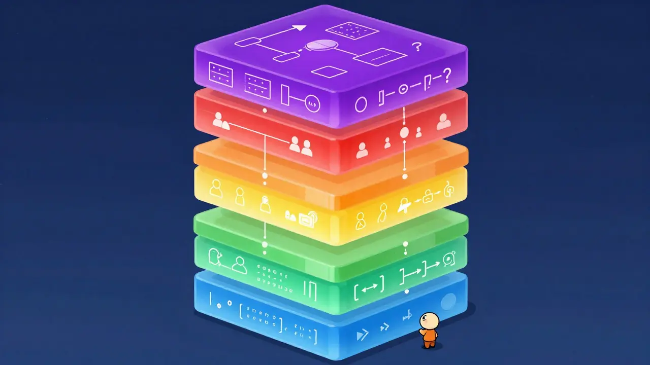 Technical cartoon showing a layered tower where lower levels handle syntax and upper levels handle logic