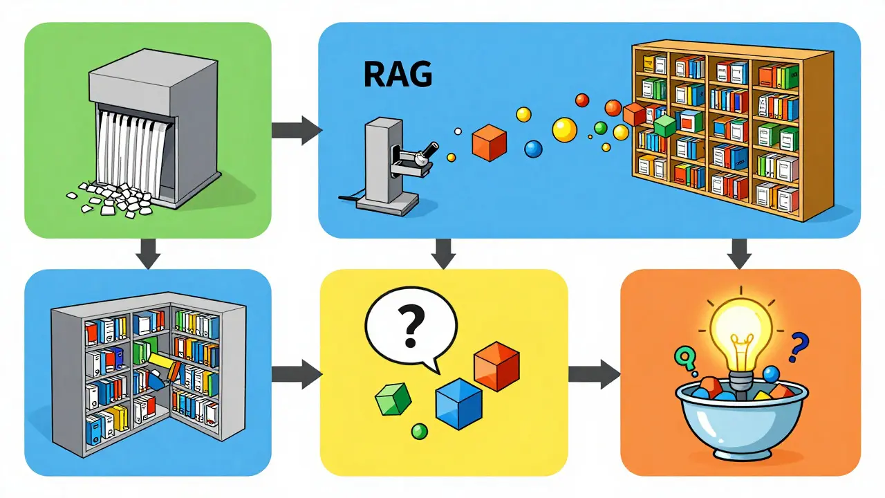 Technical cartoon showing the four stages of the RAG pipeline from document ingestion to answer generation.
