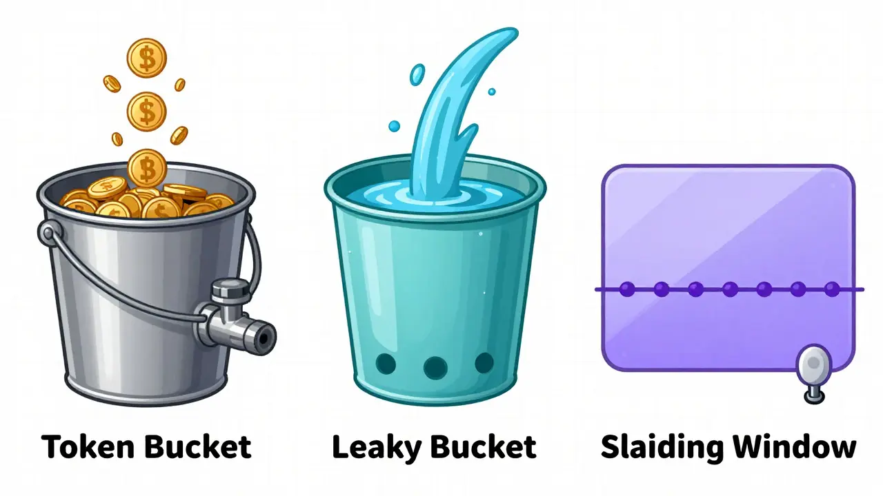 Technical cartoon showing token bucket, leaky bucket, and sliding window rate limiting concepts.