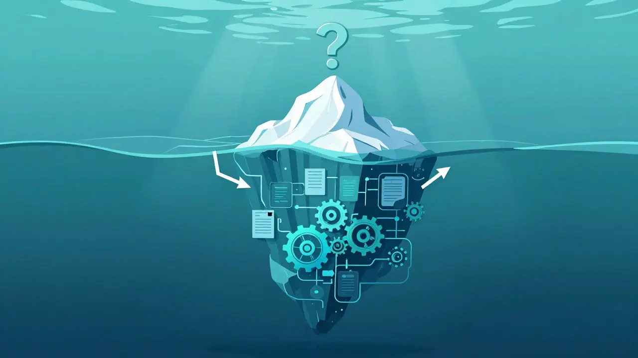 Technical illustration of an iceberg showing hidden context beneath the surface, representing prompt coverage.