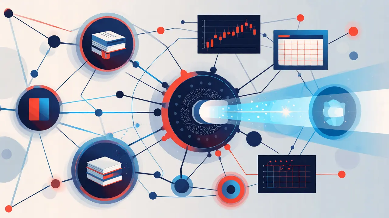 Abstract visualization of AI connecting to live data sources for accurate results