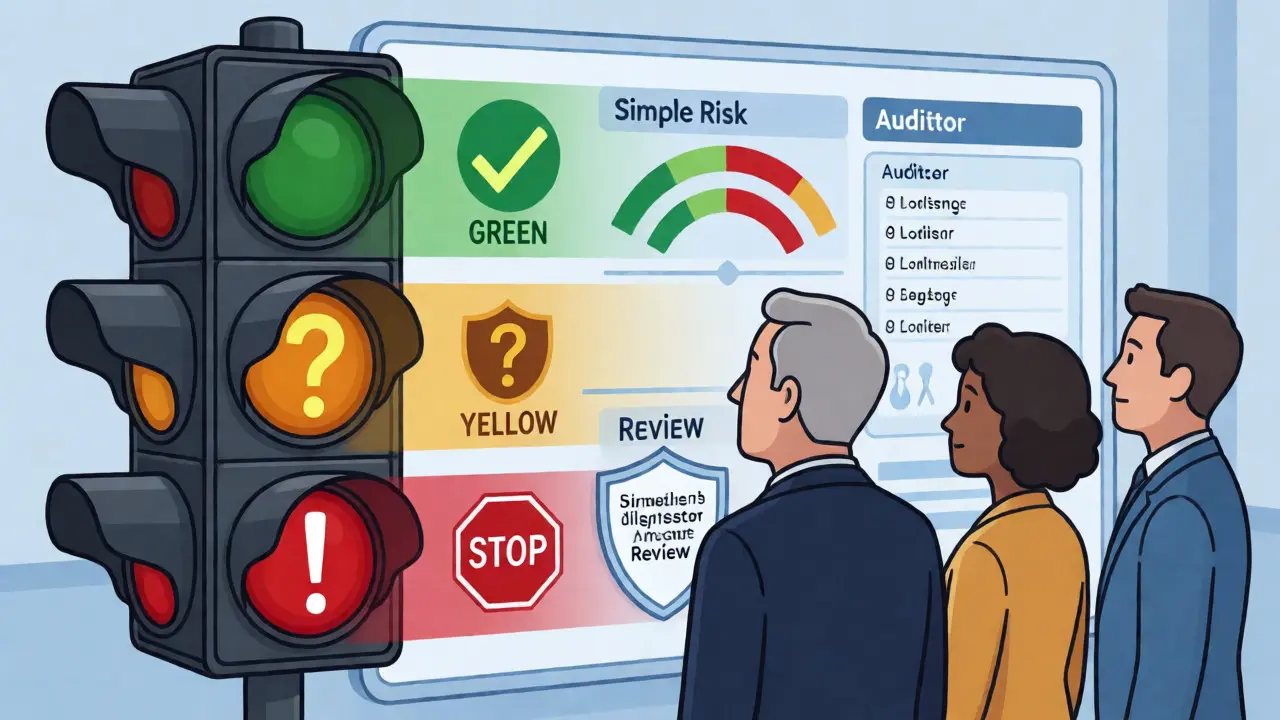 Cartoon showing AI trust levels via traffic light system for users