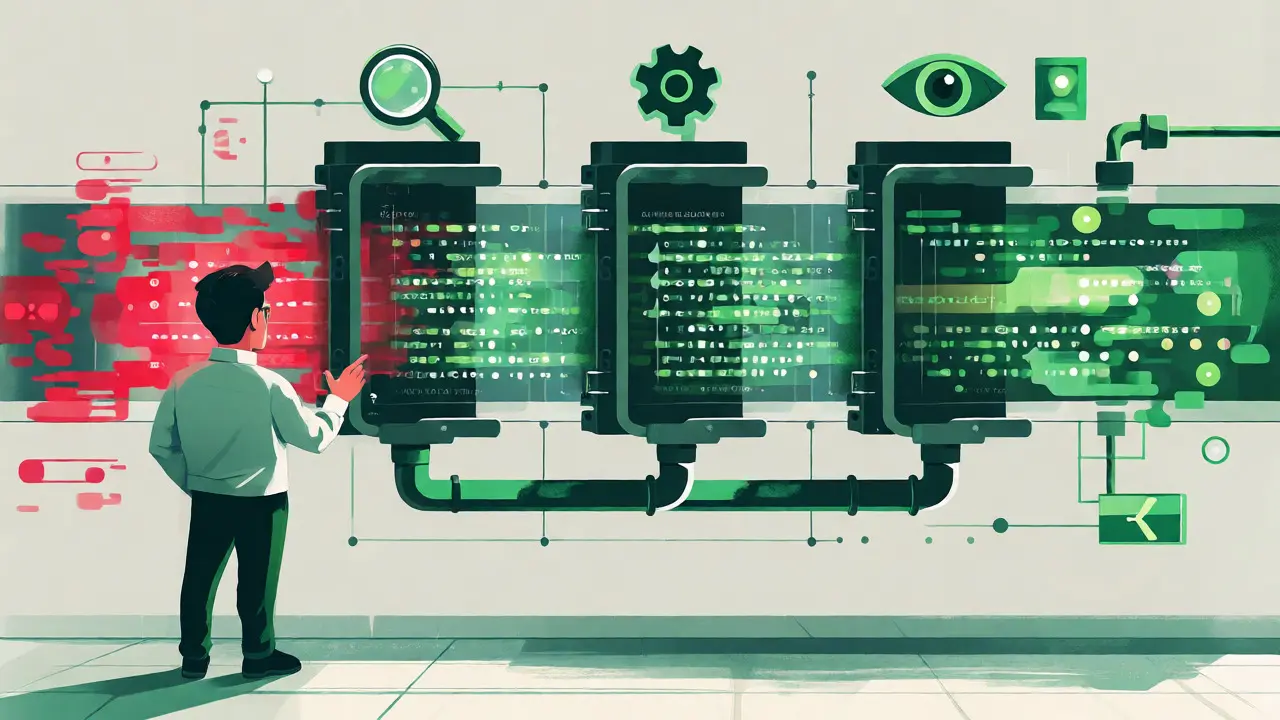 Code flowing through security filters in a tech pipeline