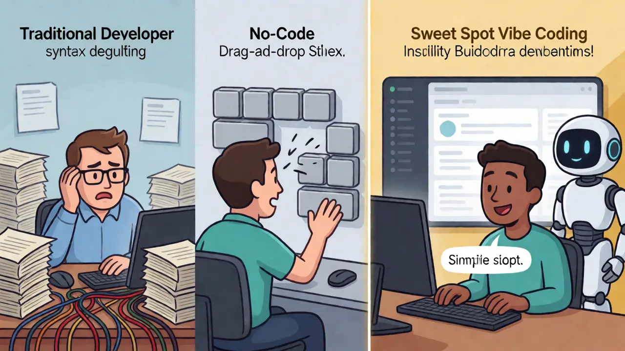 Comparison of traditional coding, no-code, and vibe coding workflows