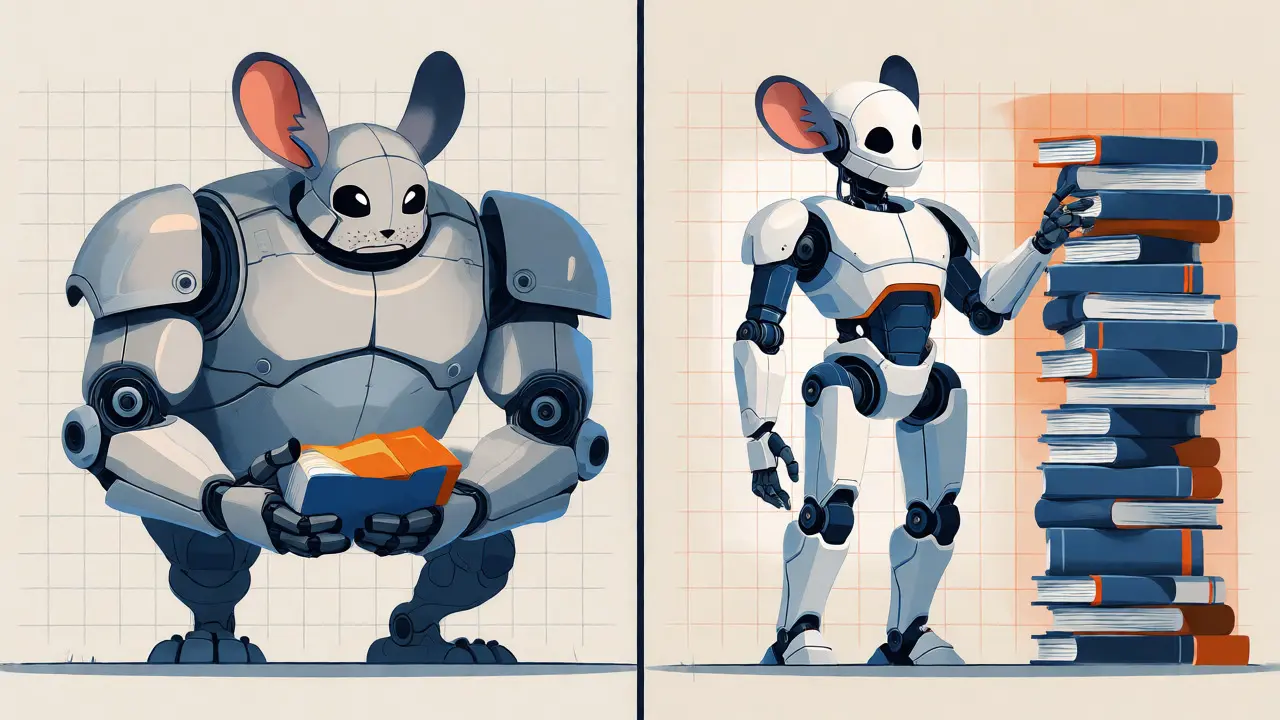 Contrast between an oversized inefficient AI model and a balanced model trained on sufficient data.