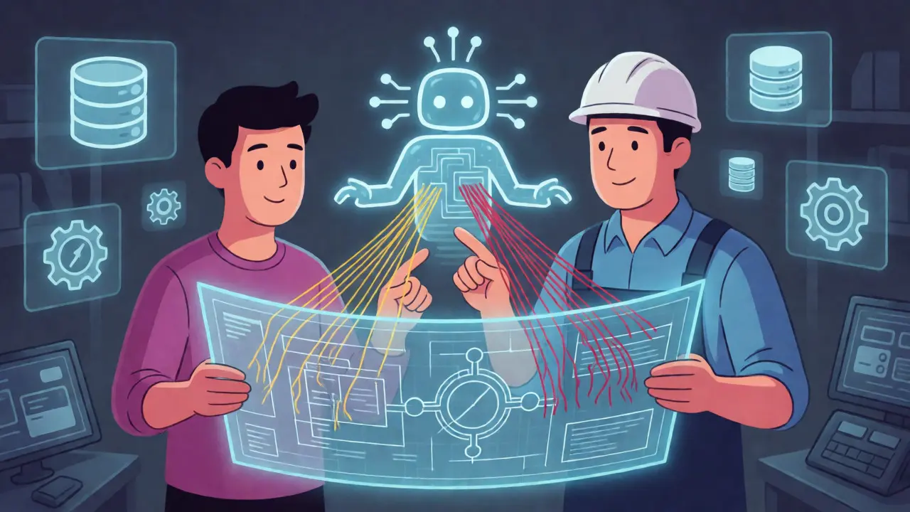 Designer and engineer reviewing AI-generated code structures for errors
