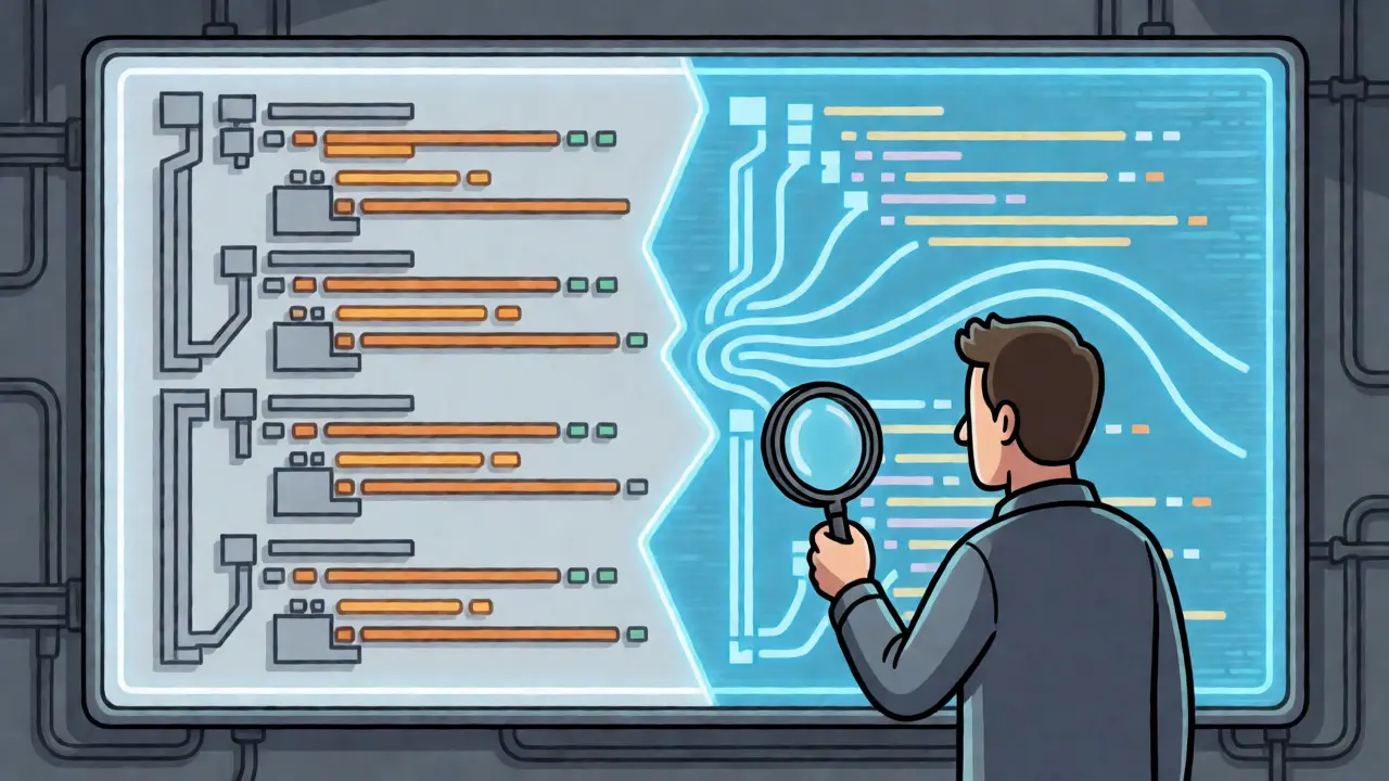 Developer comparing two conflicting code architectures on a screen