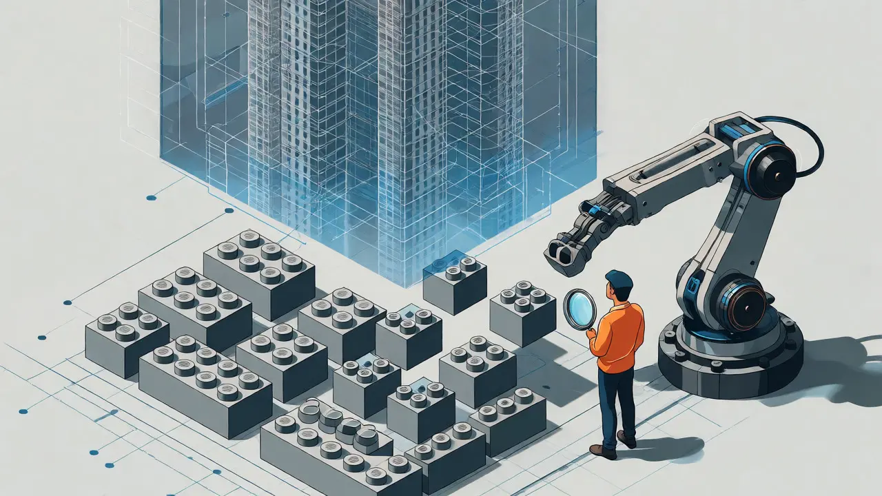 Developer struggling to connect small AI-generated components to a large architectural blueprint