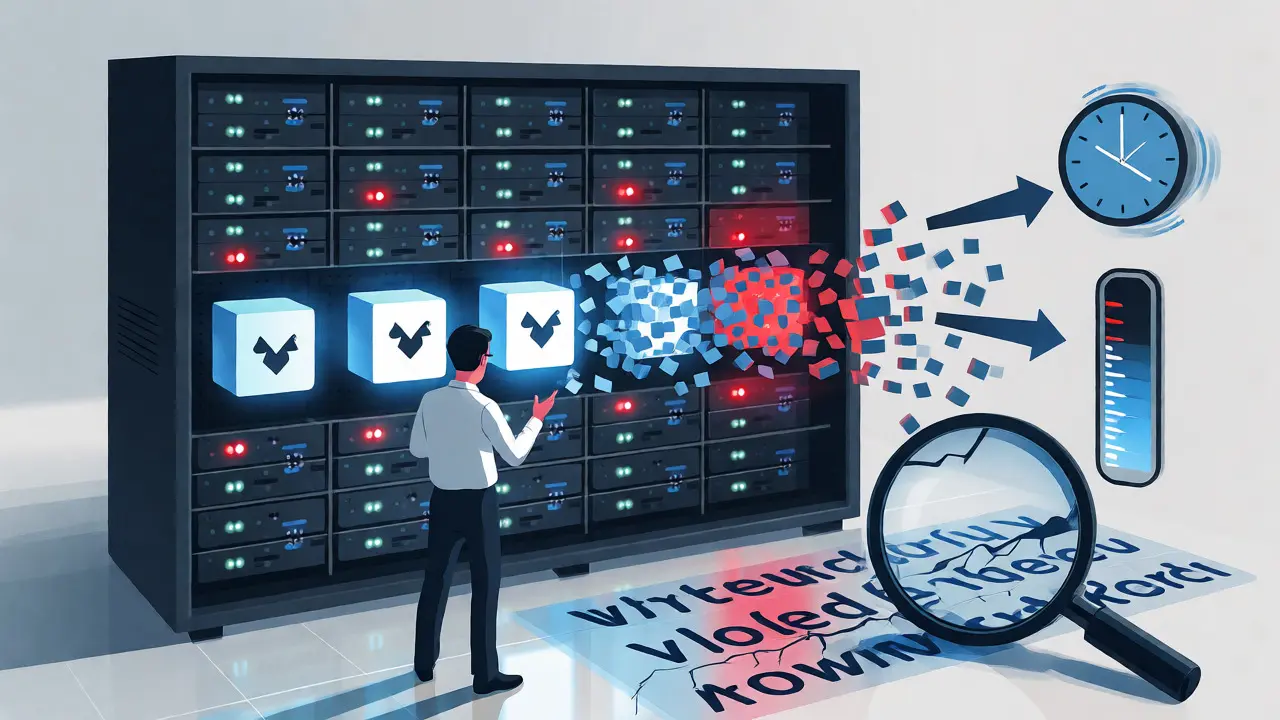 Developer viewing server racks with fragmented tokens causing high costs