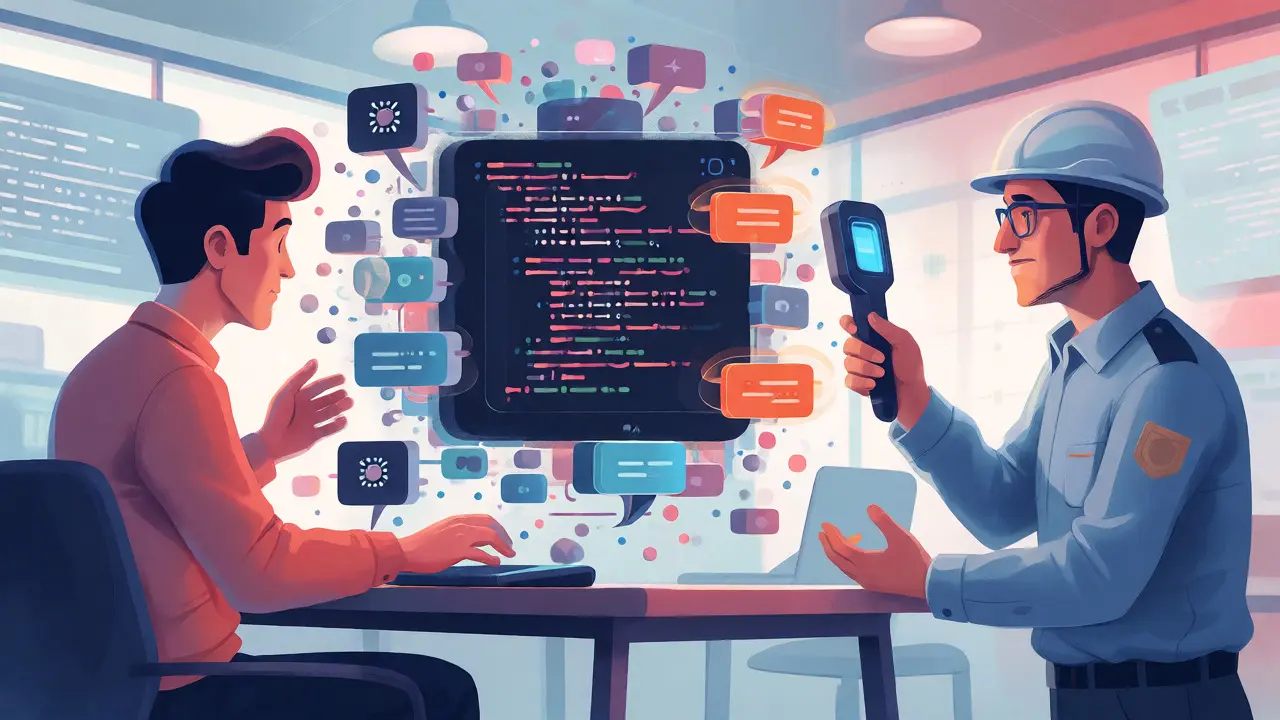 Developers reviewing AI code with a security scanner