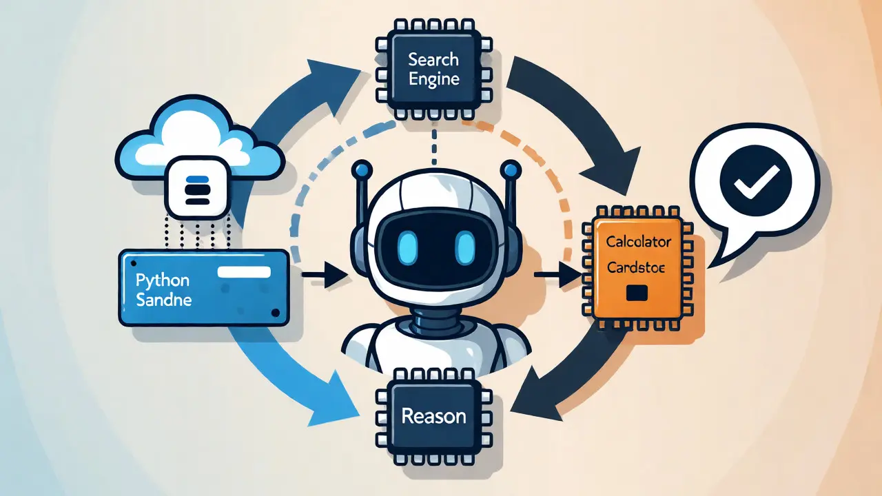 Diagram showing an AI agent looping through search, code, and calculation tools