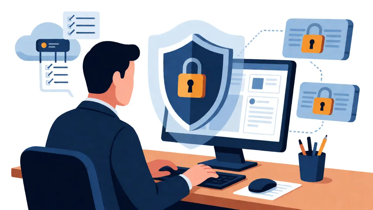 Employee protected by a digital shield while interacting with cloud-based AI services.