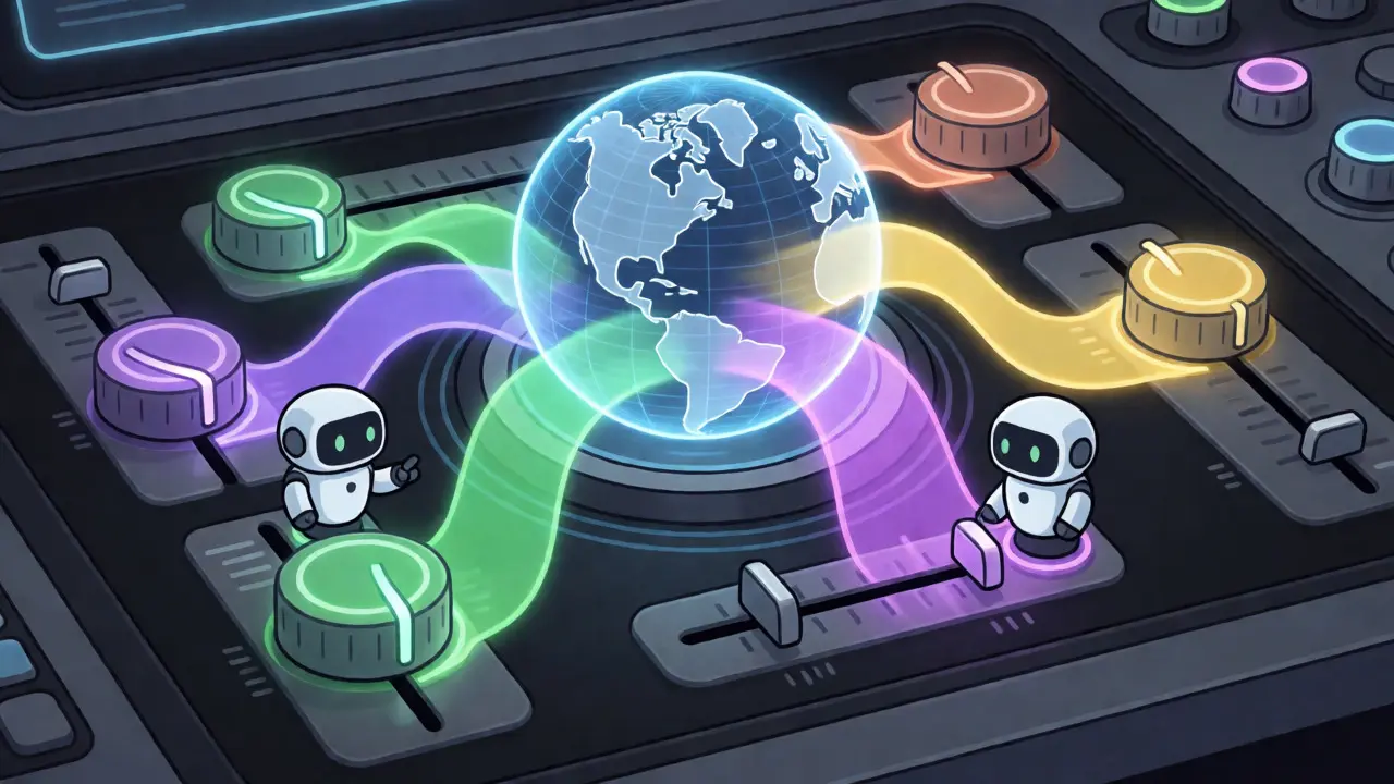 Futuristic control room with robots adjusting colorful light streams representing dynamic language sampling into a globe.