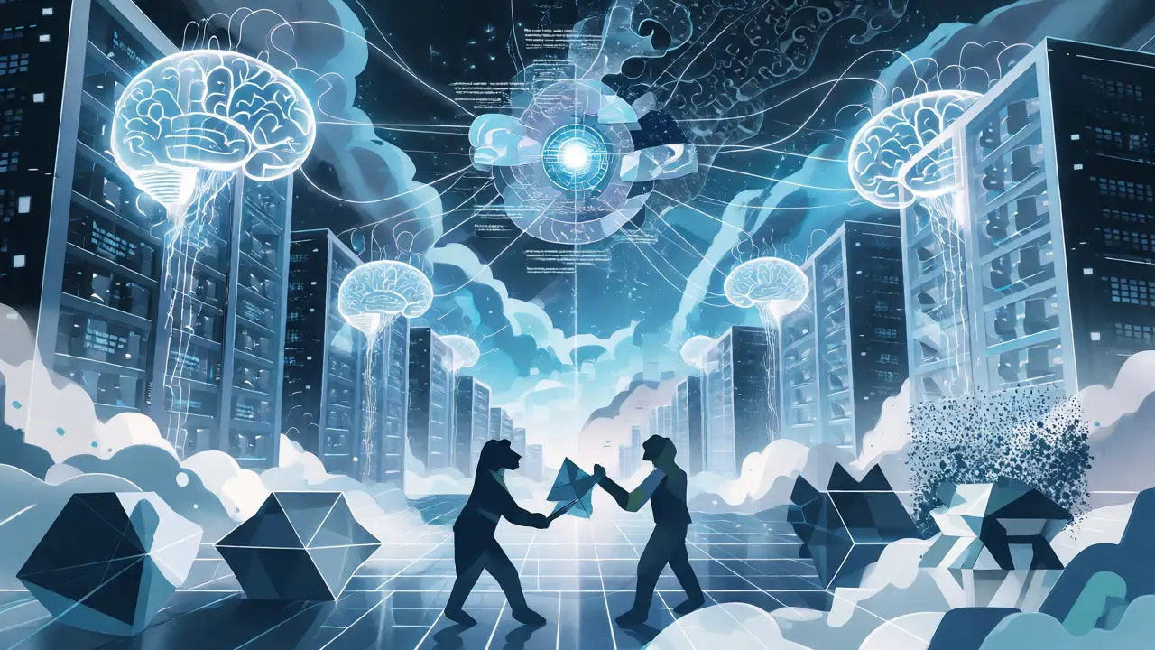 Futuristic digital landscape showing server brains generating text and image clouds