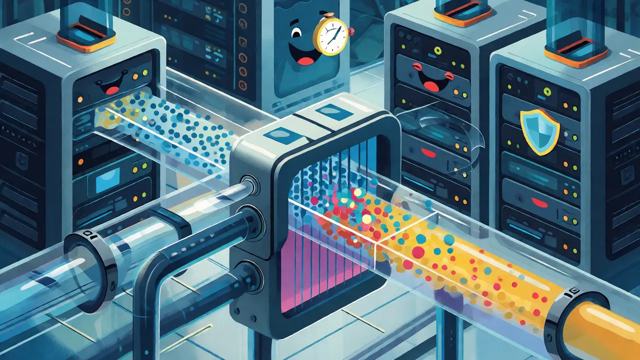 Futuristic server room with data pipelines filtering information, representing ensemble reconciliation logic.