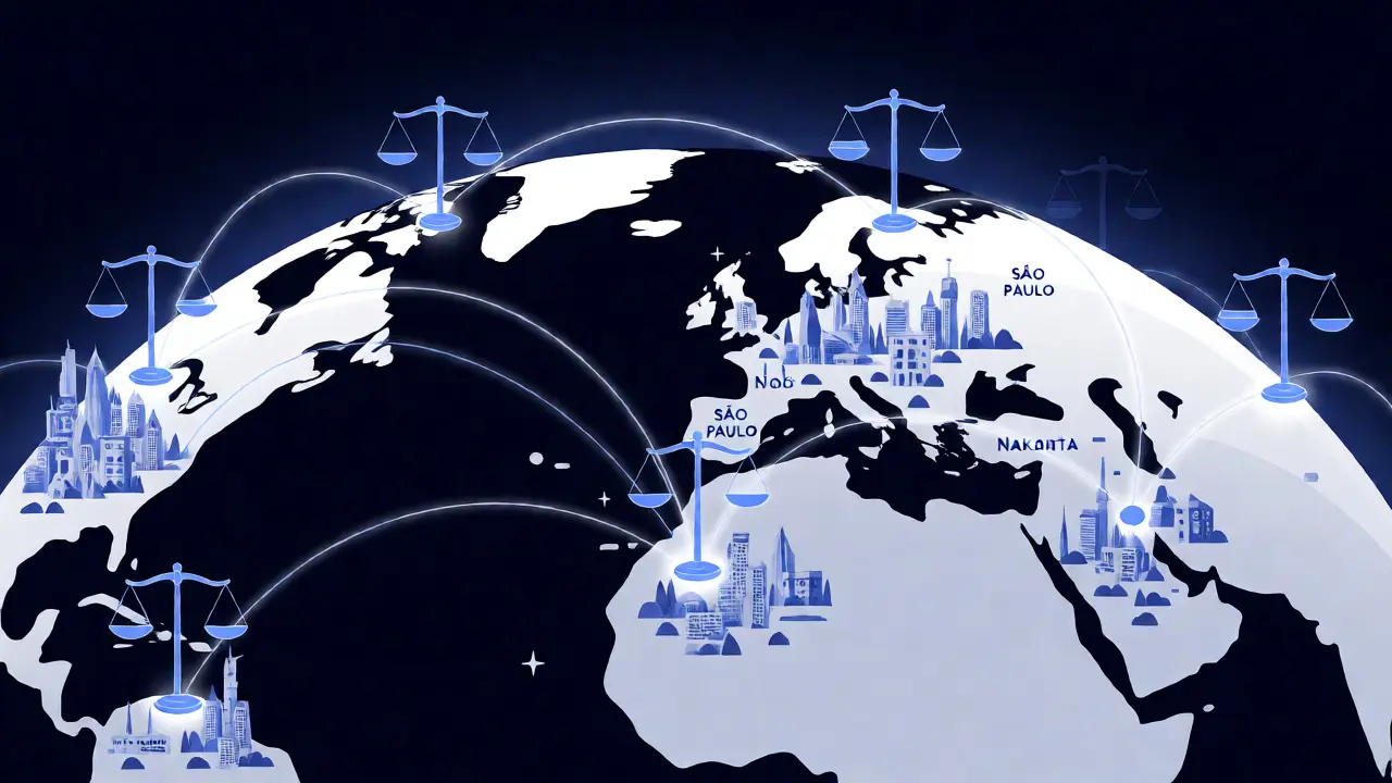 Global network illustration with balanced scales representing trusted, calibrated AI responses across regions.
