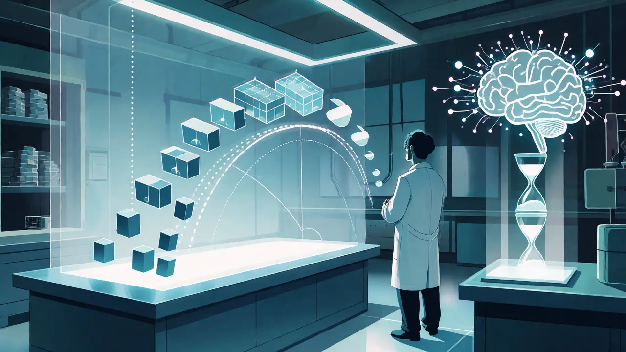 Holographic display showing performance prediction curves and inference-time compute expansion.