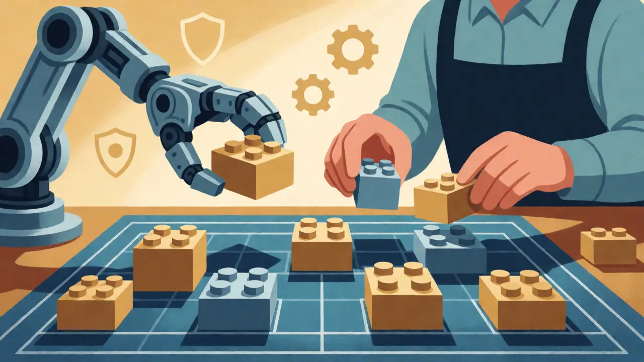 Human engineer structuring AI-generated code blocks into a stable architecture.