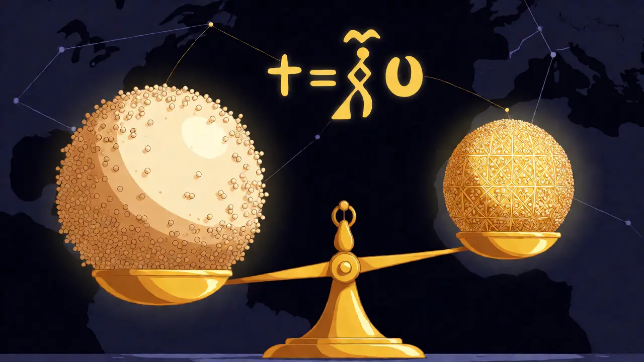 Illustration of a golden scale balancing scattered high-resource particles against dense, efficient low-resource patterns.