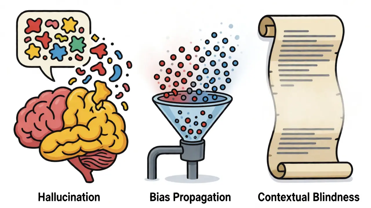 Illustration of AI failure modes: hallucination, bias, and blindness