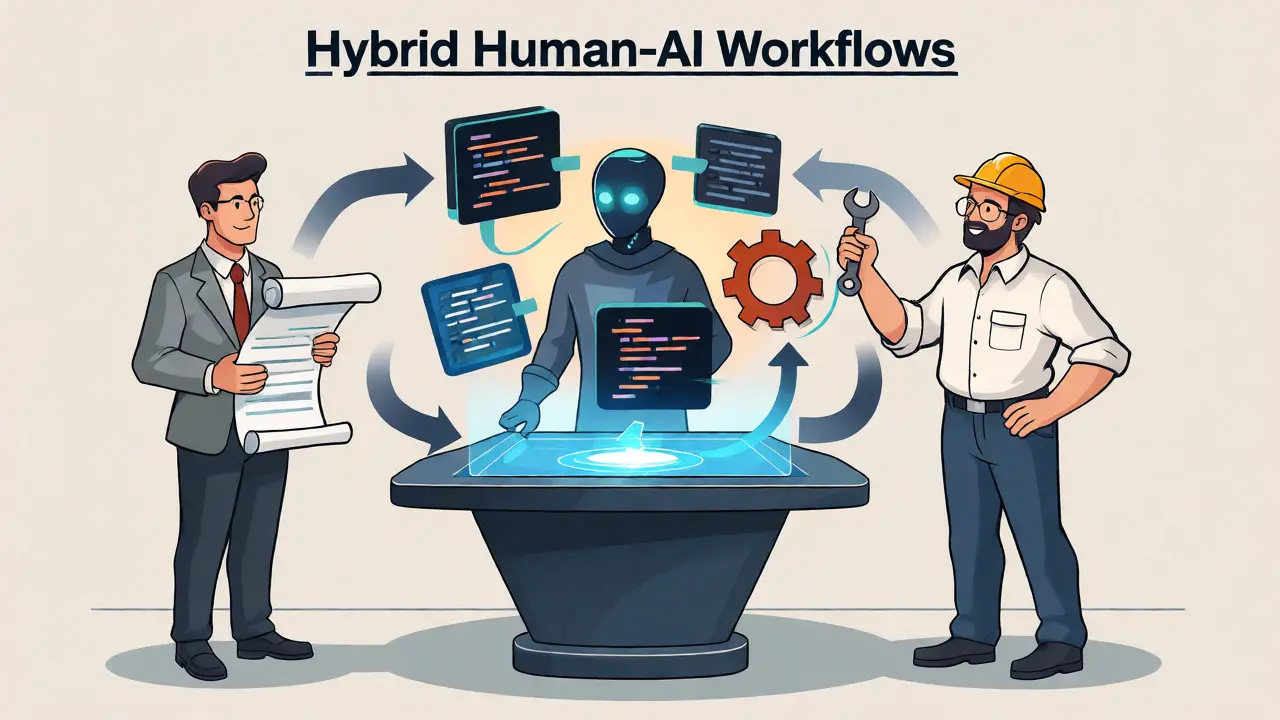 Illustration of hybrid workflow with analyst, AI, and architect collaborating on code