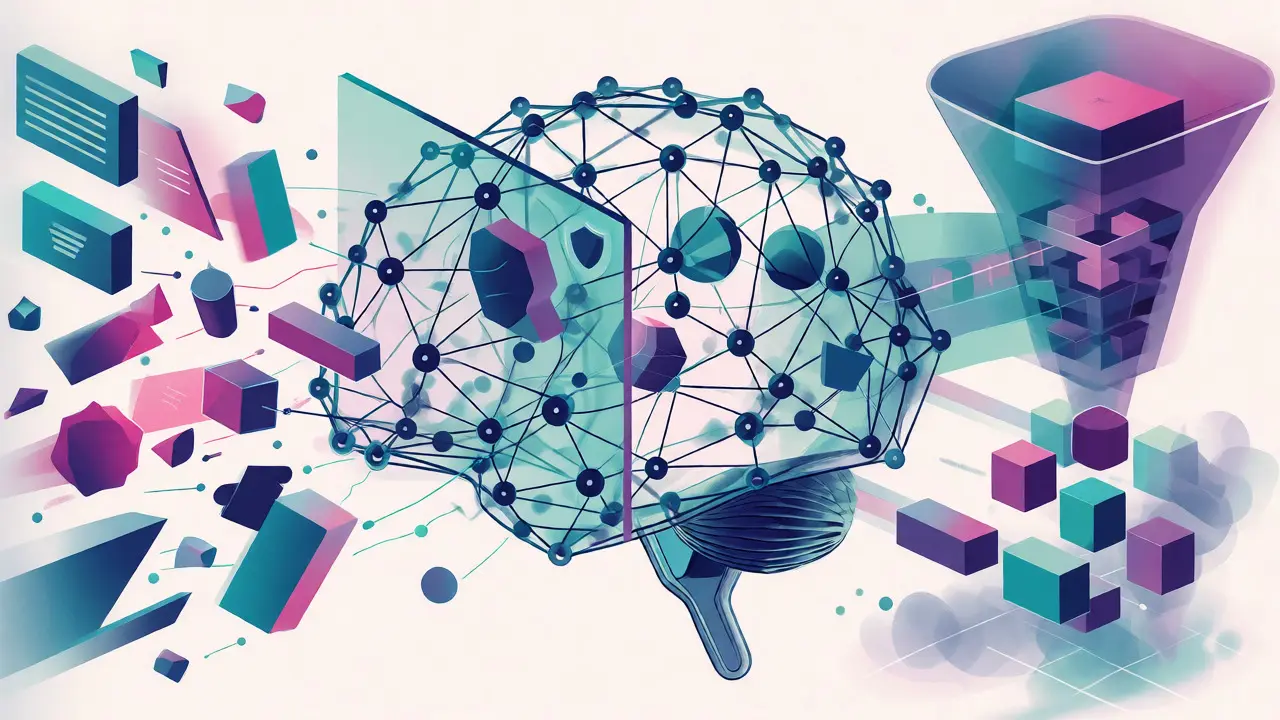 Internal view of AI neural network filtering out low-confidence responses.