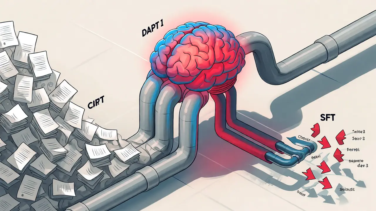 Isometric diagram illustrating three pathways for domain adaptation: DAPT, CPT, and SFT.
