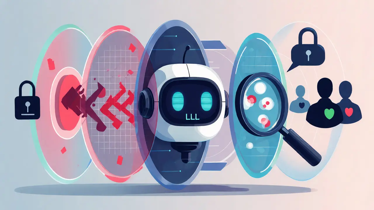 Layered security shields protecting an AI model core
