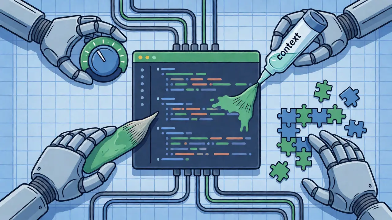Robotic arms stabilizing a code module with various tools